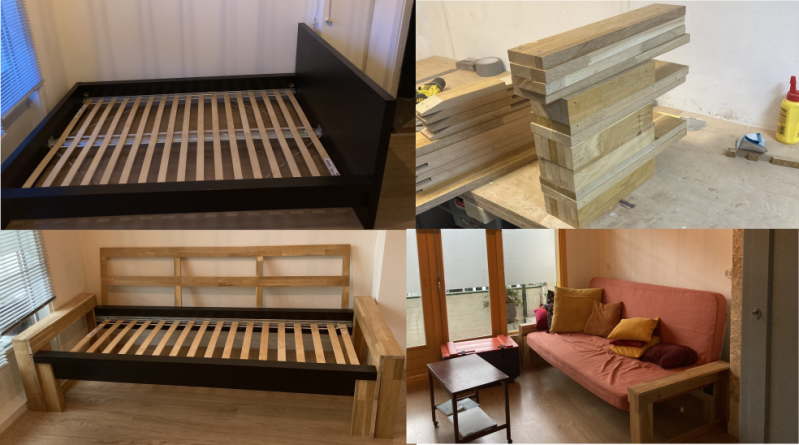 Ikea bed + oude keukenkastjes = nieuwe slaapbank