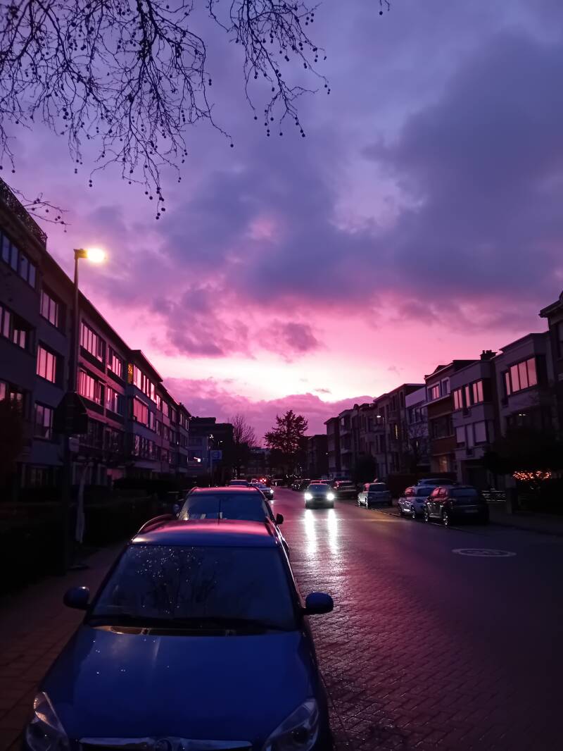 zonsondergang, stad, Antwerpen, Berchem