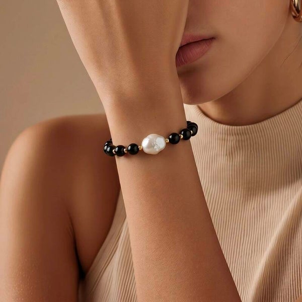 Pulsera Elástica Ónix y Perla Barroca
