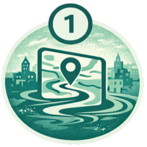 Step 1: Illustration showing a map with a location pin, representing choosing a city for a City Quest walking adventure.