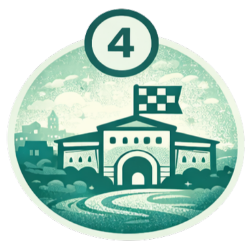 Step 4: Illustration of a historic city gate with a finish flag, representing completing a City Quest at the final location.