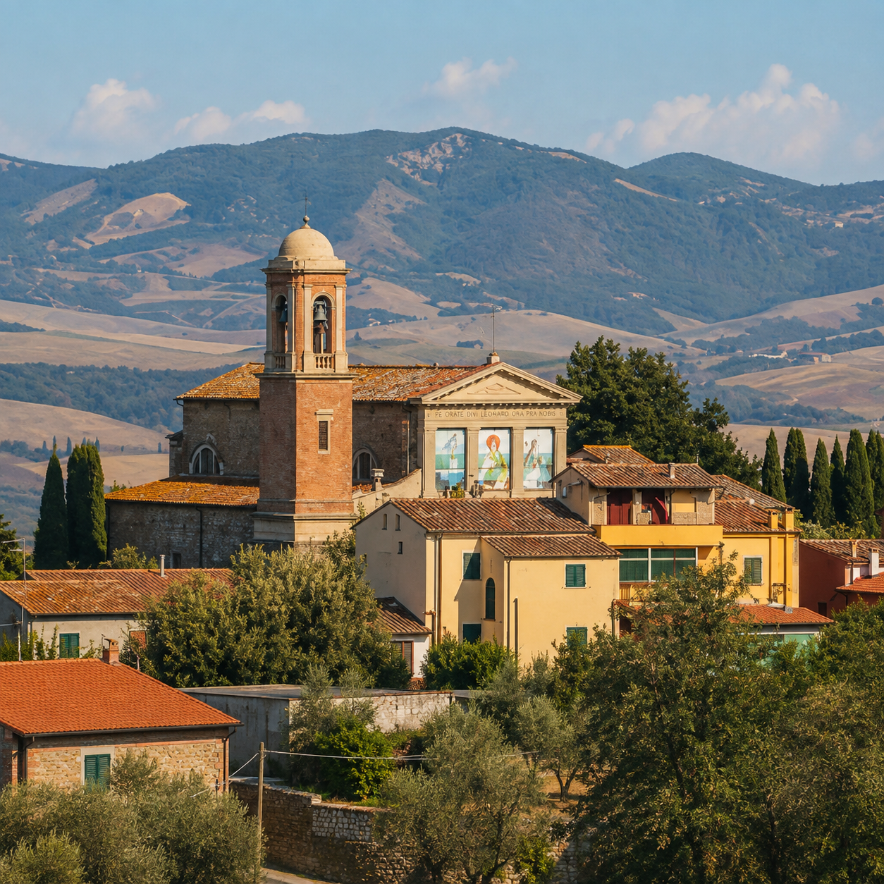 View of the Chiesa di San Leonardo Abate in Lajatico, surrounded by the rolling Tuscan hills.