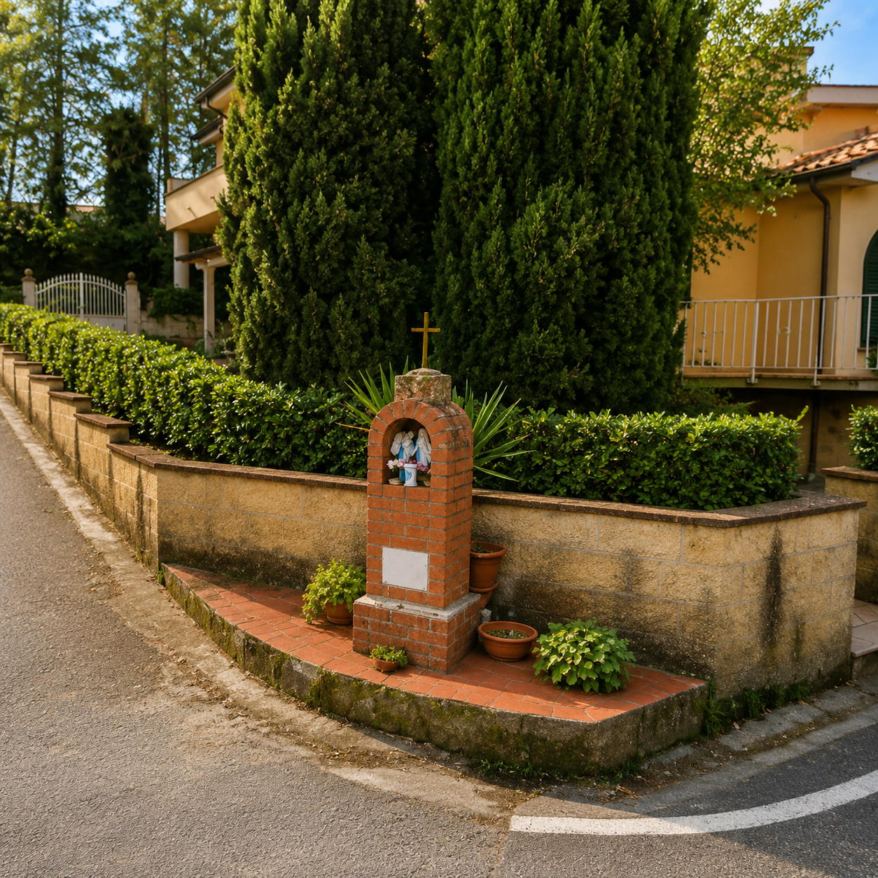 A small red-brick roadside shrine dedicated to the Virgin Mary along the road to the Teatro del Silenzio in Lajatico.