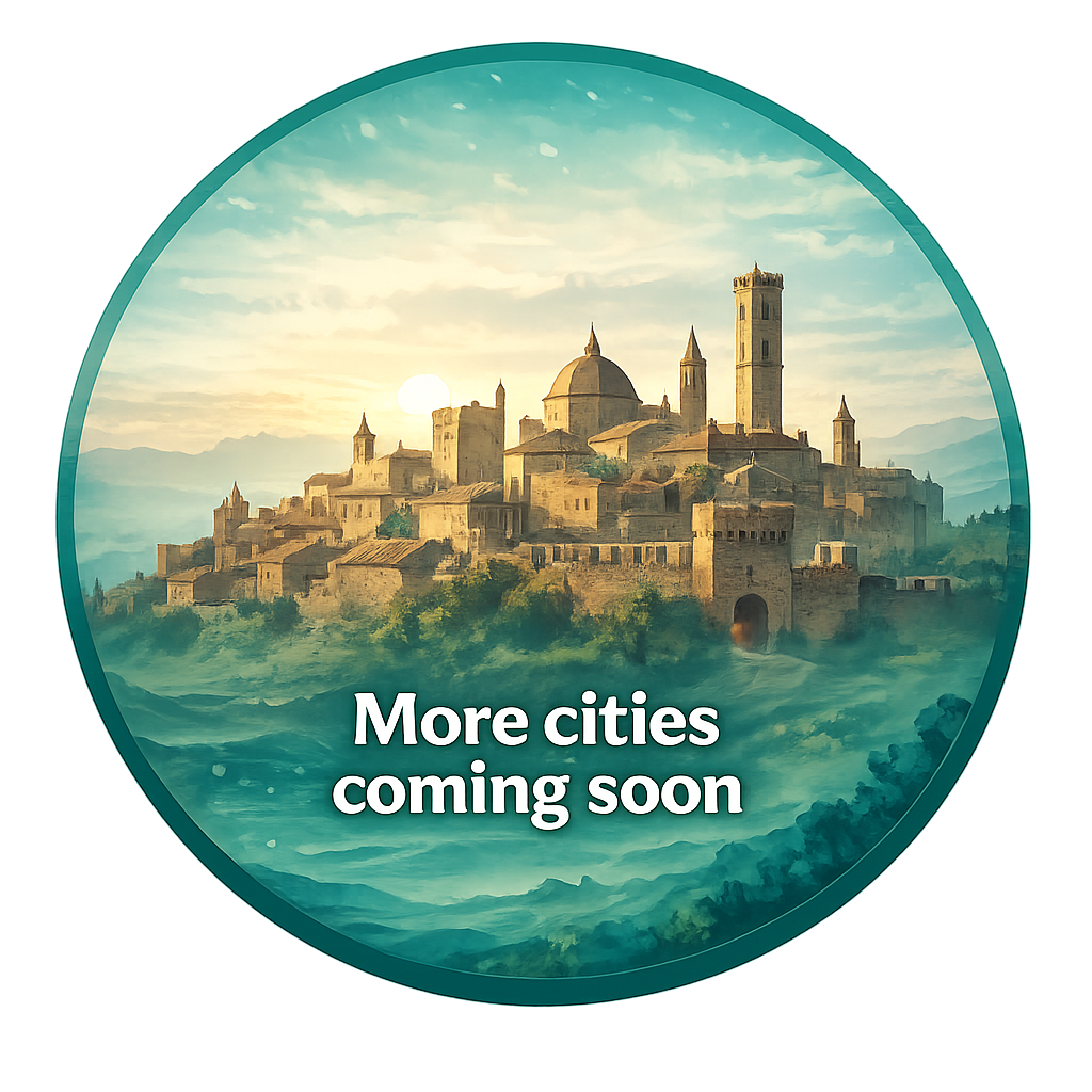 City Quest city game with announcement “More cities coming soon”, illustration of a historic town in a green landscape.