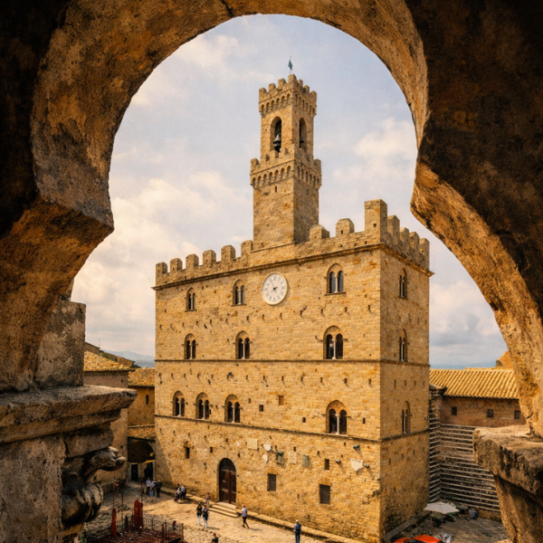 The Palazzo dei Priori in Volterra, seen through a stone arch in warm afternoon light. (AI)