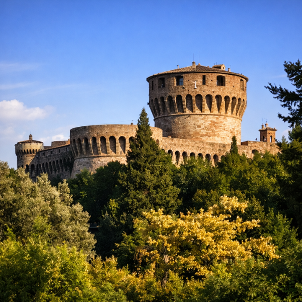 View of the Fortezza Medicea rising above the trees in Volterra, seen from the archaeological park. (AI)