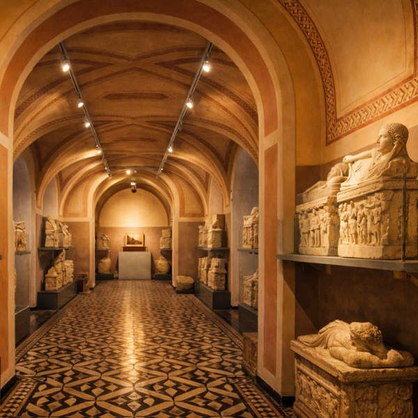 Interior gallery of the Etruscan Museum in Volterra, displaying stone sarcophagi under arched ceilings. (AI)