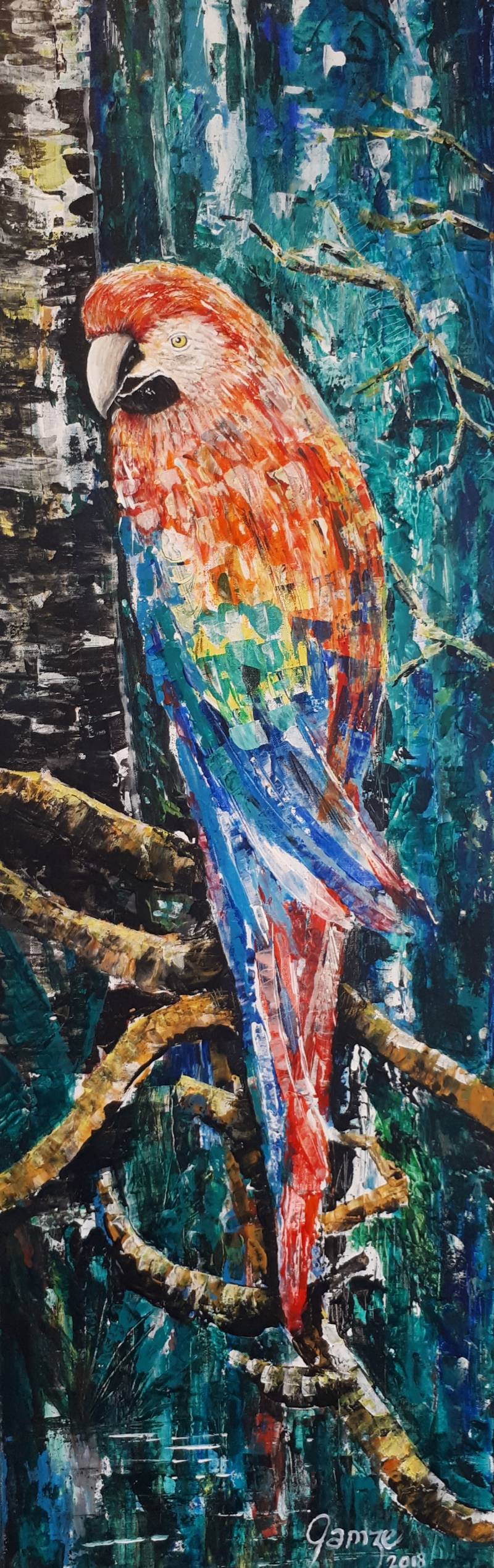 parrot painting, modern parrot painting, parrot in the nature painting, acrylic painting, palette knife painting