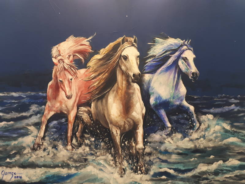 horses, horse painting, horses in the sea painting, modern realistic horse painting, acrylic painting