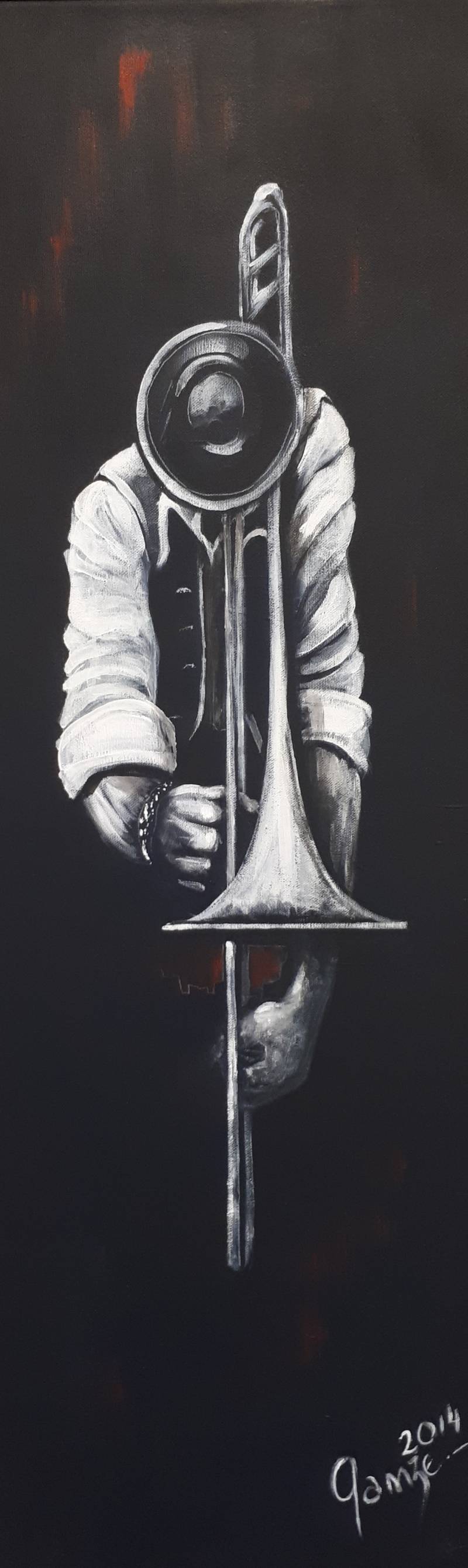 musician painting, saxophone player painting, black and white painting, black and white acrylic painting, canvas painting
