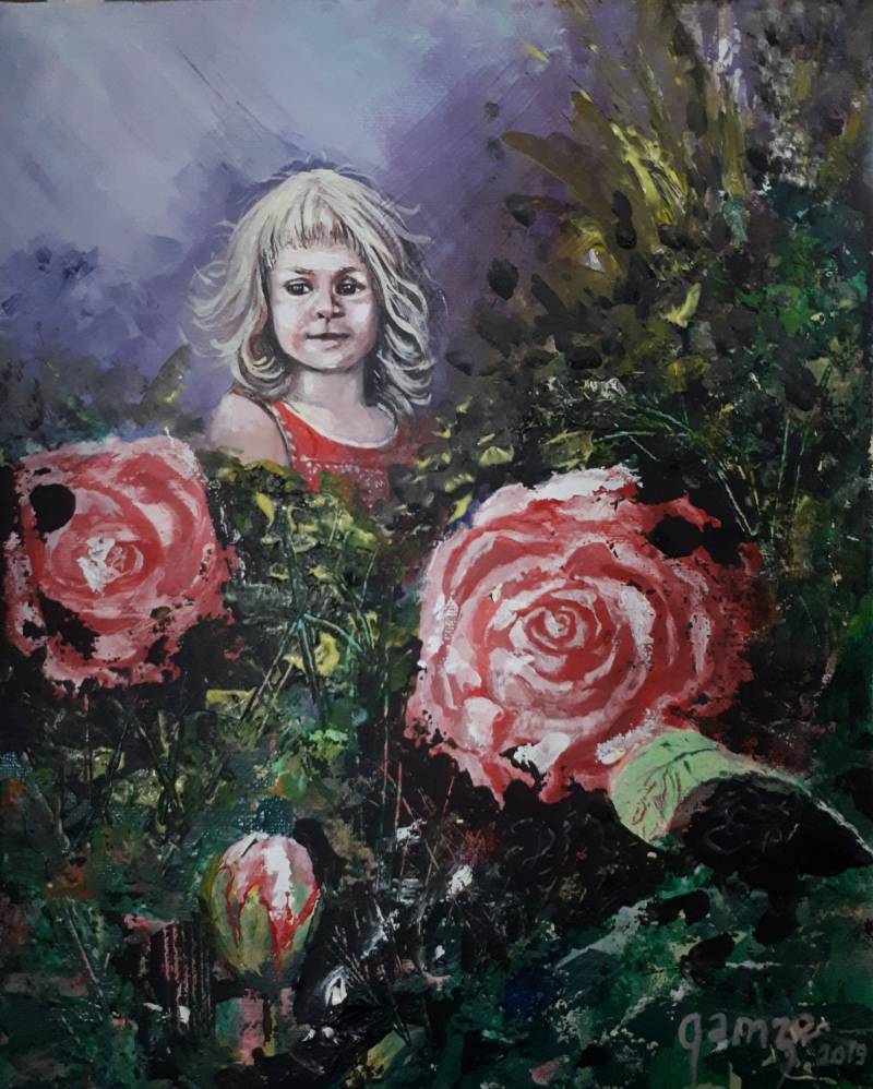 kid in the nature painting, small canvas painting, figurative acrylic painting, flowers and kids painting, figurative art painting