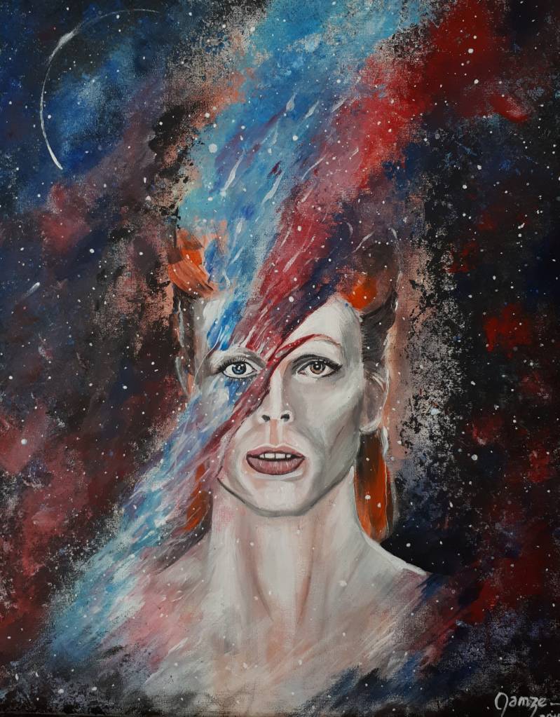 David Bowie figurative painting, universe,stardust, music legends painting, musician painting