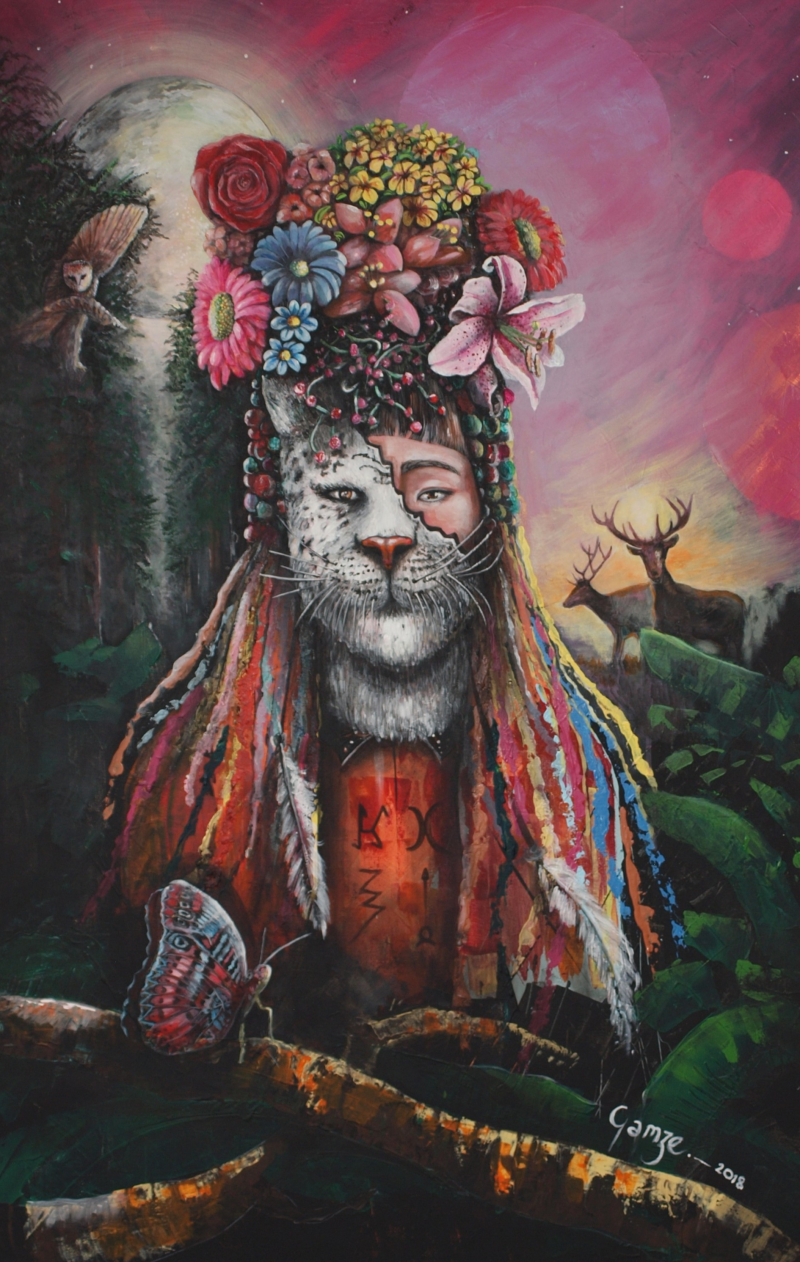 boho style painting, modern shaman, large painting, modern figurative painting,nature painting