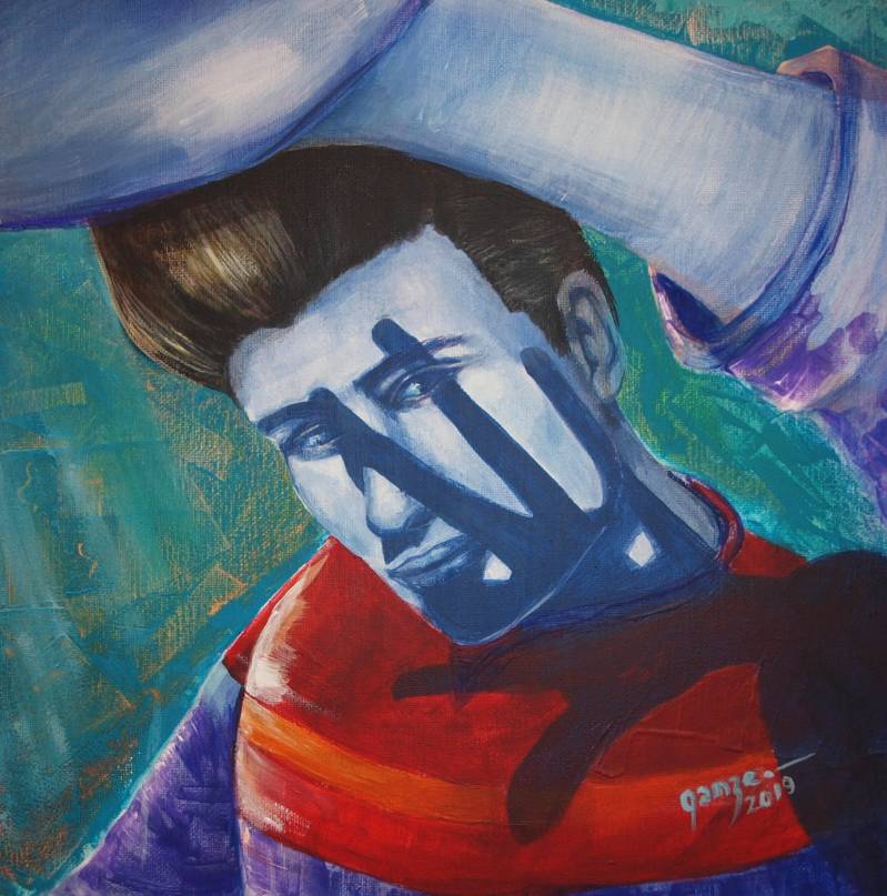 figurative modern painting, palette knife painting, acrylic male  portrait,sunlight painting