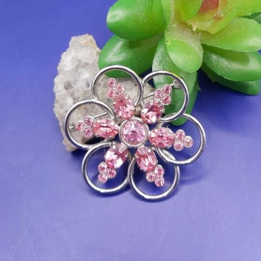 Bond Boyd Sterling Silver Pink Rhinestone Flower Brooch