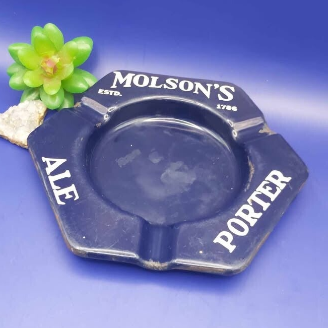 Vintage Molson's Brewery Beer Advertising Blue Enamel Ashtray