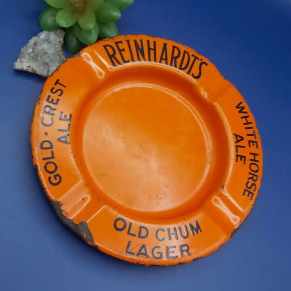 Vintage Reinhardt's Brewery Beer Advertising Orange Enamel Ashtray
