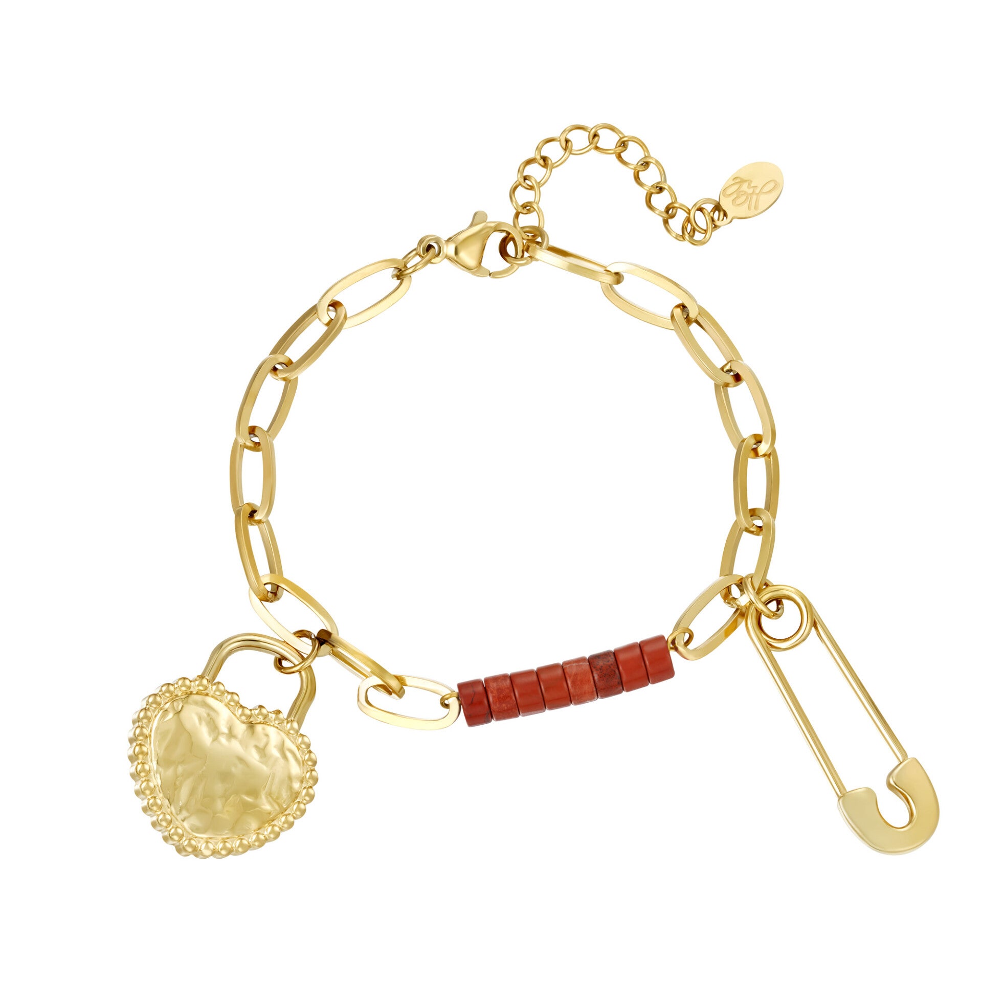 Goudkleurige Armband - met Hangers en Rode Kralen