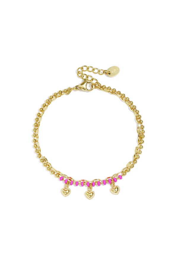 Dubbele armband met kralen en hartjes charms Goud