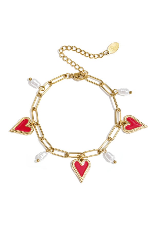 Schakel Armband met Parels en Hart charms Goud