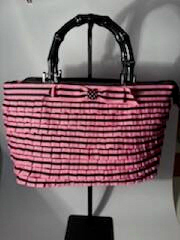 Vintage Braciano Y2K Pink & Black Striped Ribbon with Bamboo Handles