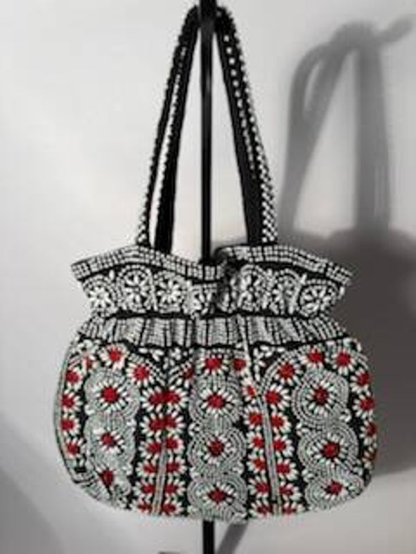 Vintage Boho Beaded Knit Tote Bag – Black, White & Red Floral Beaded Shoulder Bag