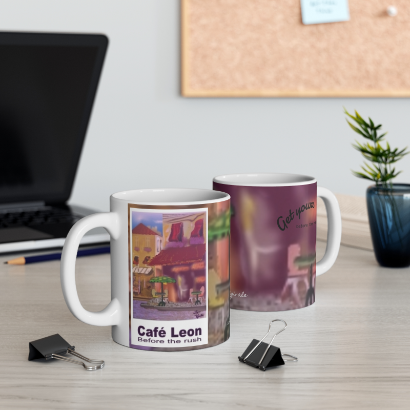 Cafe Leon Before the rush White 11-oz Coffee Mug  A Leon Papillon Originale