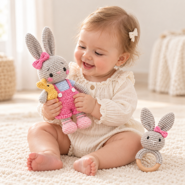 Hasen-Set Mona - Häkelrassel & Kuscheltier