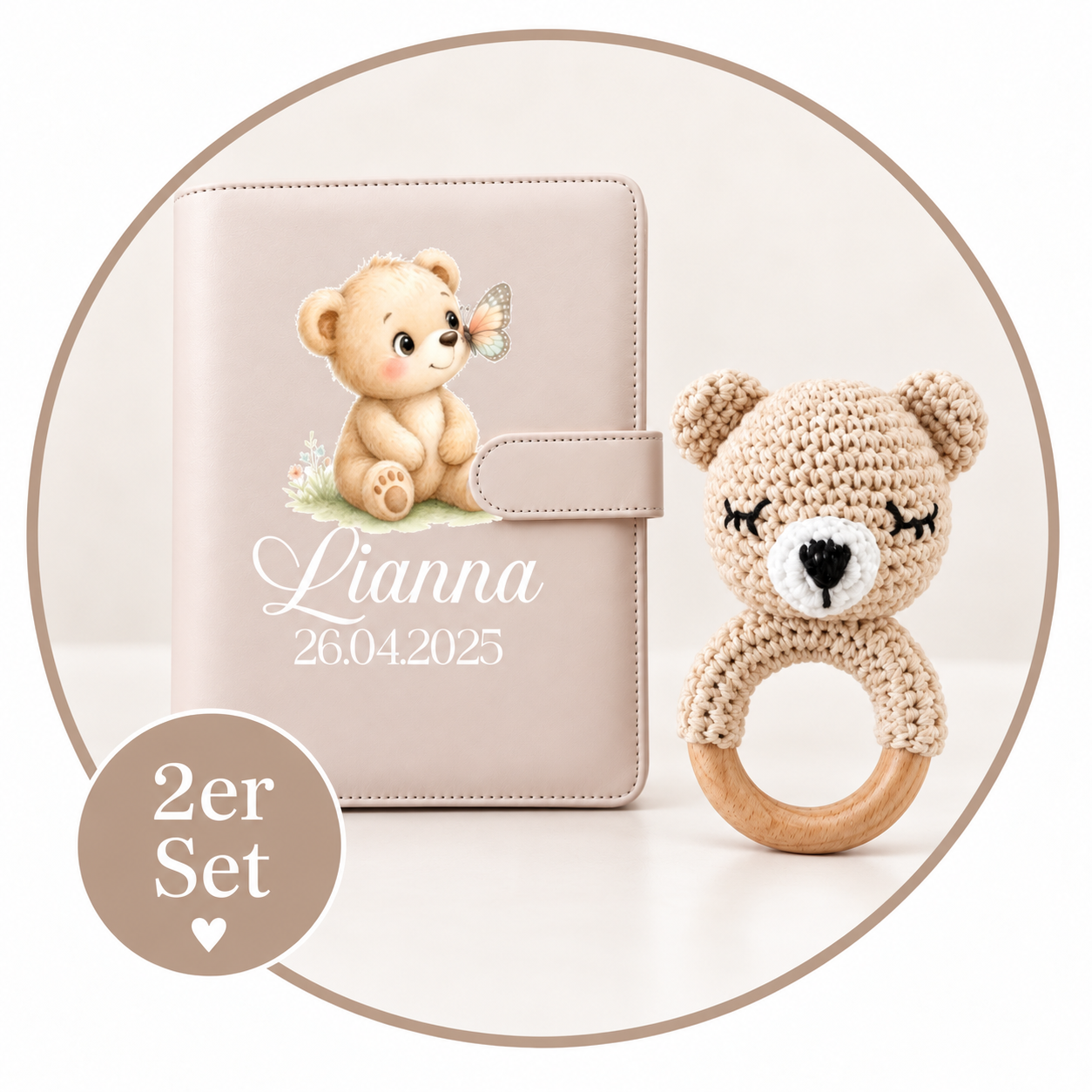 2er-Set „Teddy Milo“ – Gesundheitshefthülle & Rassel Beige