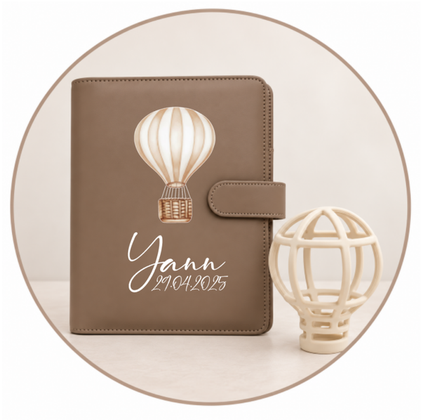 2er-Set Heissluftballon Beige – Rassel & Premium-Gesundheitshefthülle