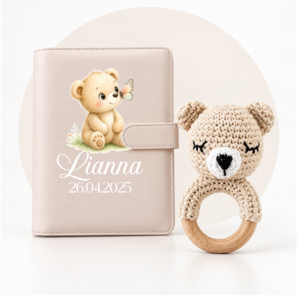 2er-Set Häschen Rosa – Rassel & Premium-Gesundheitshefthülle Beige