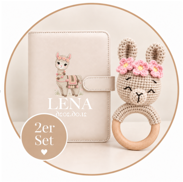 2er-Set „Lama Mila“ – Gesundheitshefthülle & Rassel Beige