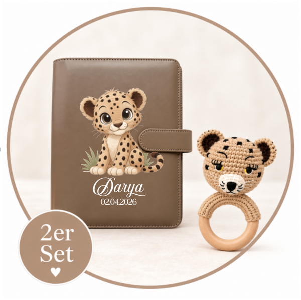 2er-Set Rassel  Leopard Leo & Premium-Gesundheitshefthülle Braun