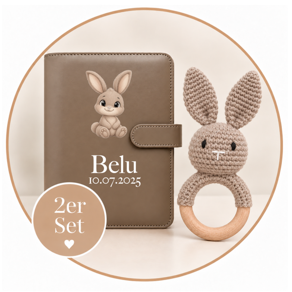 2er-Set Rassel  Hase Belu & Premium-Gesundheitshefthülle Braun
