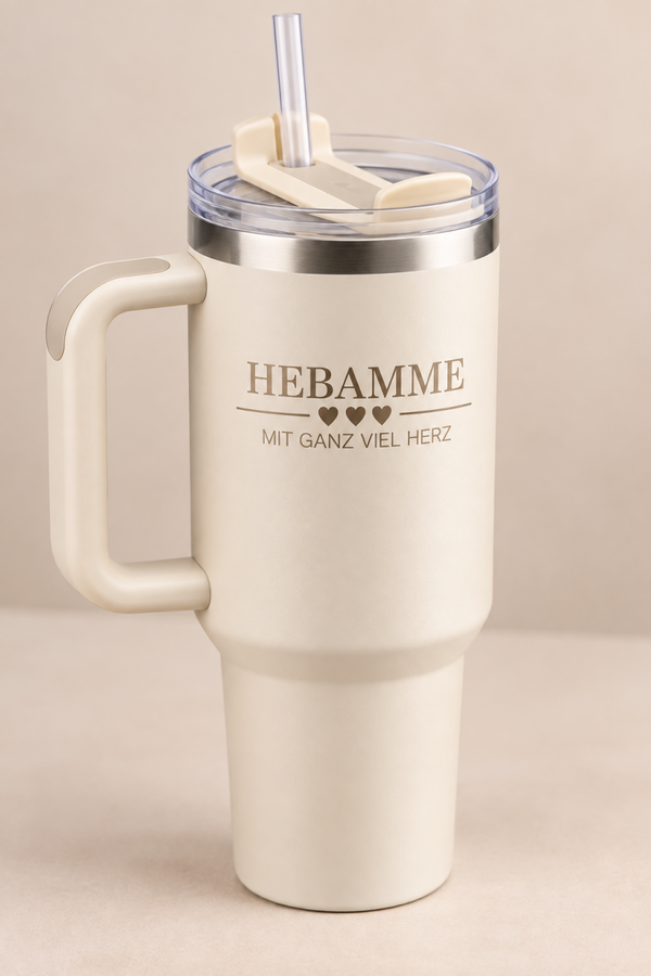 Personalisierter Thermobecher „Hebamme mit Herz“ – Beige 🤍