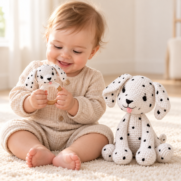 Leoparden-Set Pebbles - Häkelrassel & Kuscheltier