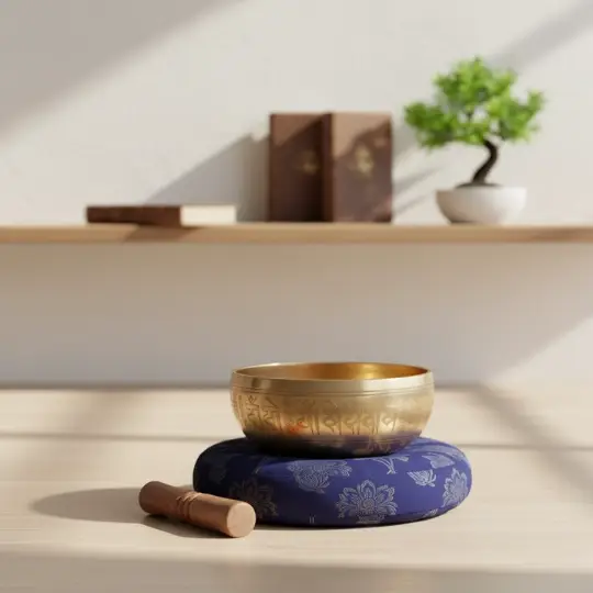Image bol tibétain posé sur un coussin bleu, ambiance détente