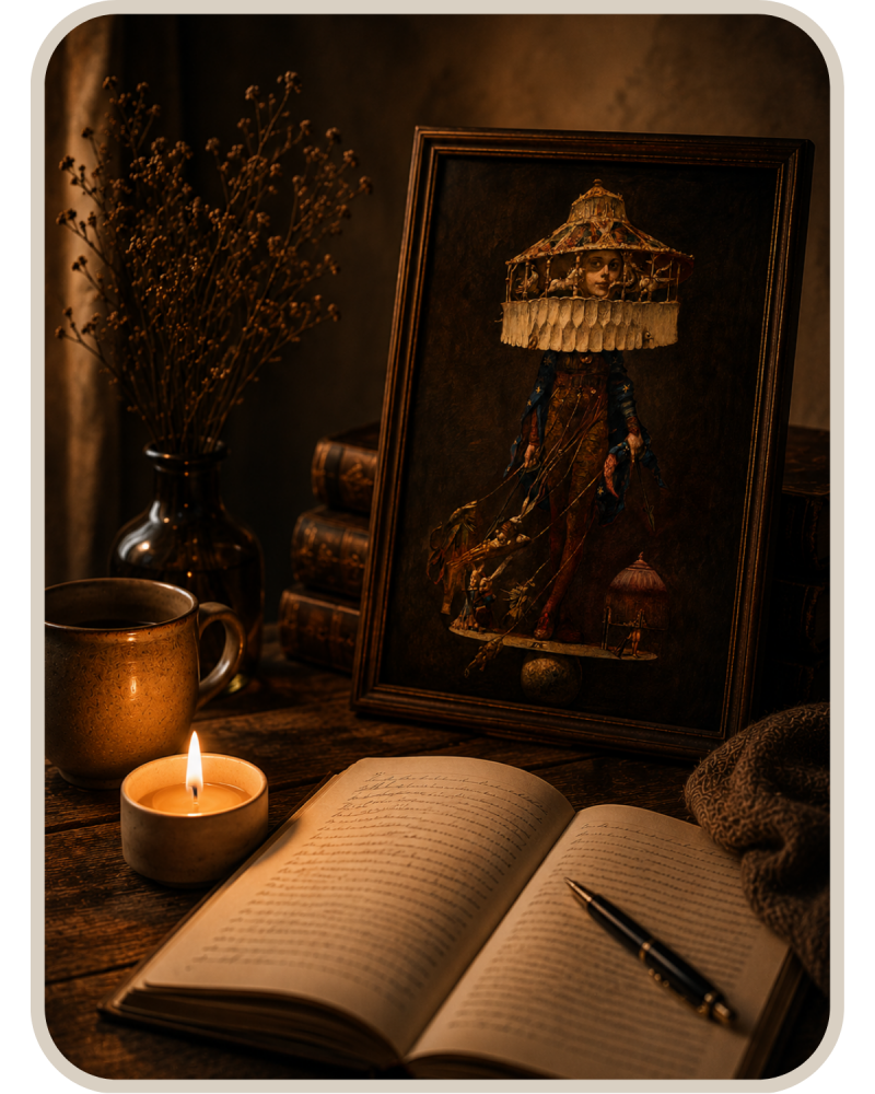 Atmosphärisches Hochkantbild mit Kerze, offenem Buch, warmem Licht und gerahmtem Karussellmotiv auf einem Holztisch – ruhige, emotionale Stimmung passend zu einem Buch über Misophonie und innere Prozesse.