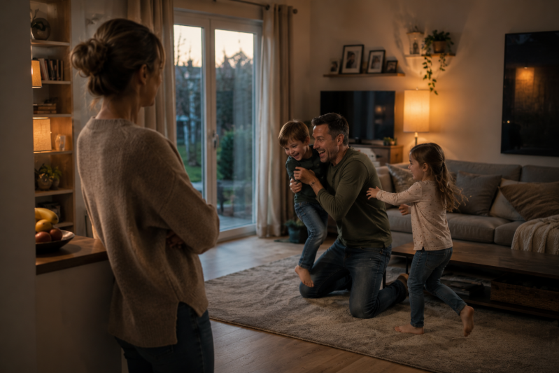 Mutter beobachtet Vater und Kinder beim Spielen im Wohnzimmer – Symbolbild für emotionale Distanz, innere Erschöpfung und das Gefühl, trotz Familie innerlich nicht mehr wirklich verbunden zu sein.