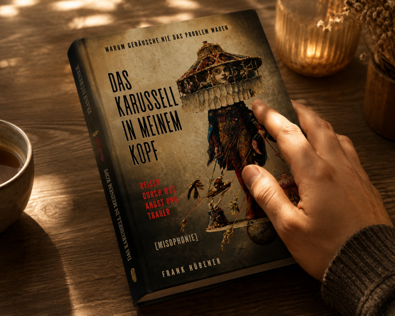 Das Buch „Das Karussell in meinem Kopf“ von Frank Hübener liegt in warmem Licht auf einem Holztisch. Eine Hand berührt das Buchcover, daneben stehen eine Tasse und eine Kerze. Die Szene vermittelt Ruhe, Tiefe und persönliche Nähe zum Thema Misophonie.
