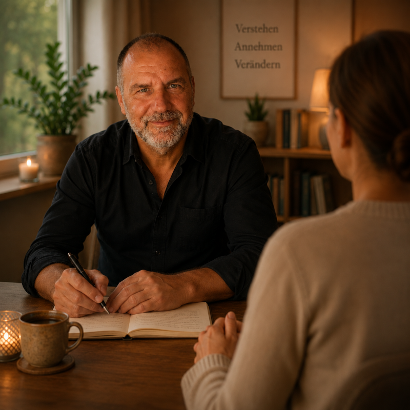 Frank Hübener in einer ruhigen Gesprächssituation mit warmer Atmosphäre während einer persönlichen Begleitung und Hypnoseberatung zu Misophonie, emotionaler Überforderung und inneren Prozessen.