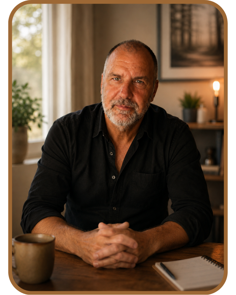 Frank Hübener sitzt in ruhiger warmer Atmosphäre an einem Holztisch und blickt offen und aufmerksam in die Kamera – vertrauensvolles Portrait für die Kontaktseite.