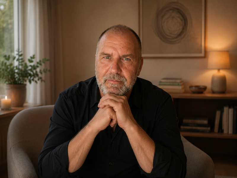 Frank Hübener in ruhiger, warmer Atmosphäre – einfühlsamer Begleiter für Menschen mit Misophonie, innerem Druck und emotionaler Anspannung.
