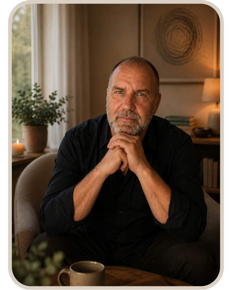 Ruhiges Portrait von Frank Hübener in warmer Atmosphäre – Begleiter für Menschen mit Misophonie, innerem Druck und emotionaler Anspannung.