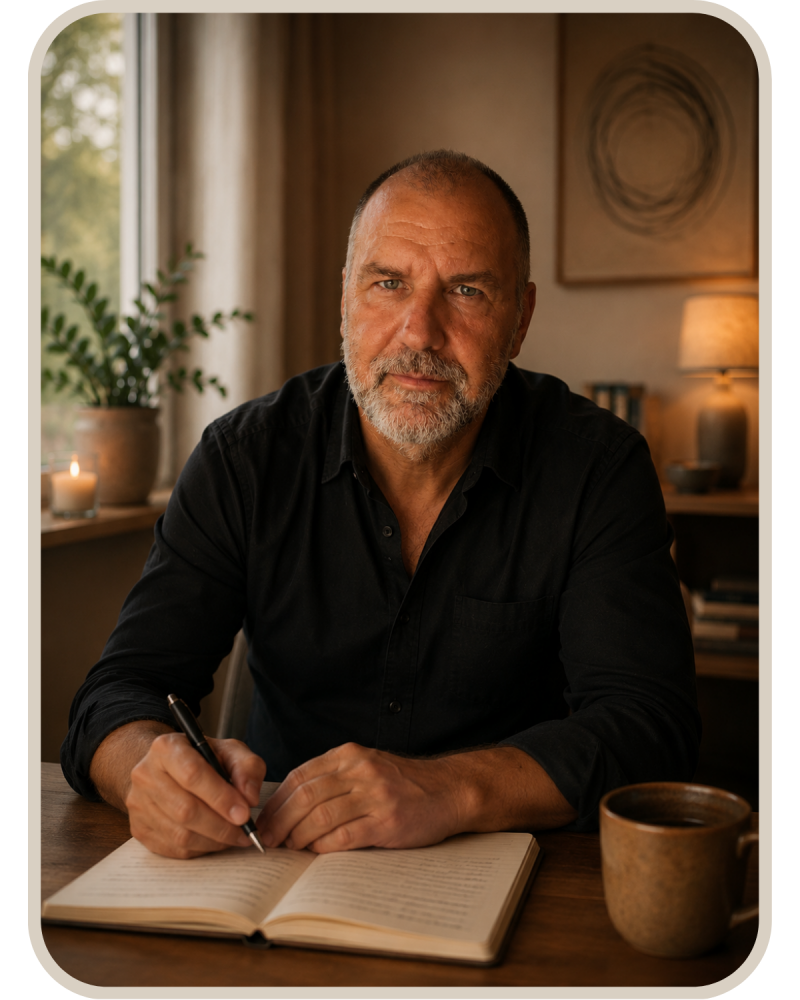 Ruhiges Portrait von Frank Hübener in warmer, gemütlicher Atmosphäre mit sanftem Licht, Kerze und Pflanzen im Hintergrund – symbolisches Bild für Vertrauen, Reflexion und menschliche Begleitung bei Misophonie.