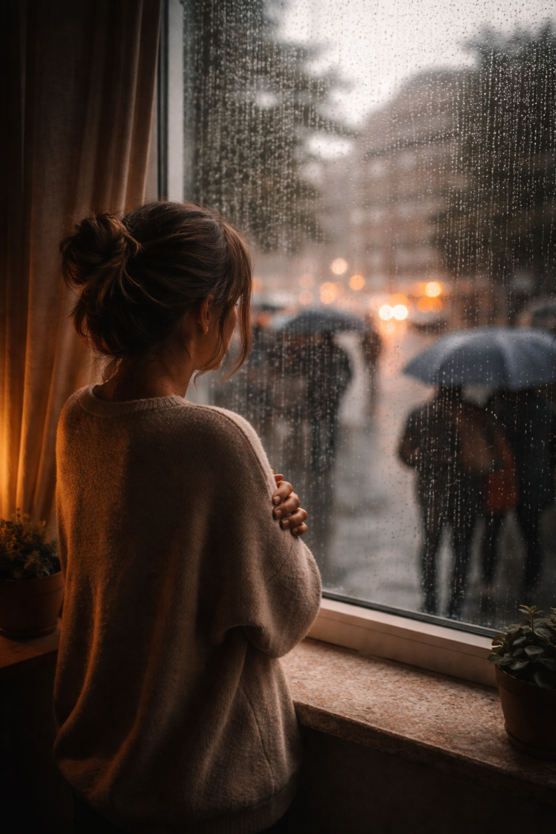 Nachdenkliche Frau blickt durch ein verregnetes Fenster – Sinnbild für Rückzug, innere Anspannung und emotionale Belastung bei Misophonie.