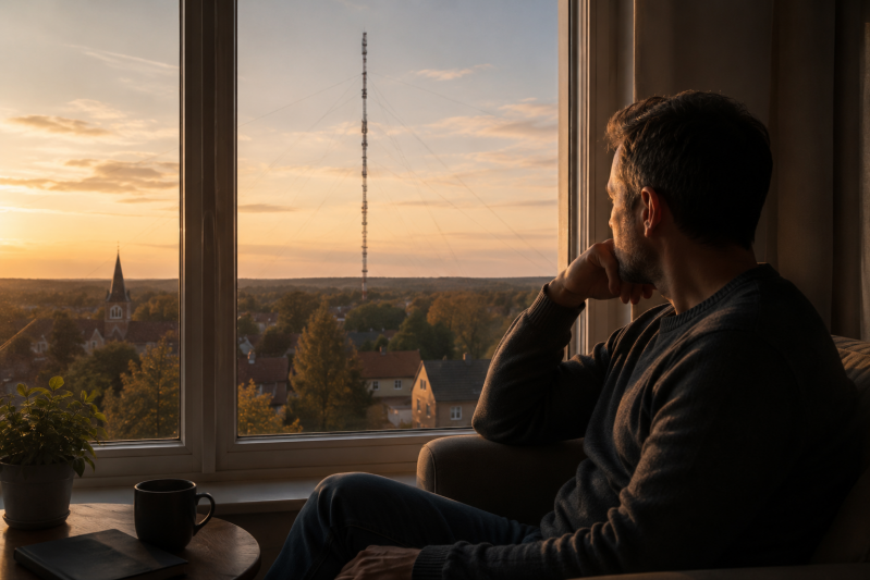 Nachdenklicher Mann blickt bei warmem Abendlicht aus dem Fenster auf den Funkerturm von Königs Wusterhausen – Symbolbild für innere Anspannung, emotionale Belastung und ruhige Gespräche in der Region.