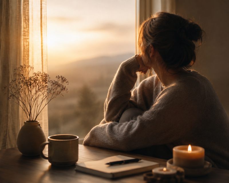 Frau sitzt nachdenklich am Fenster bei warmem Abendlicht – Symbolbild für innere Anspannung, emotionale Überforderung und den Wunsch nach innerer Ruhe.
