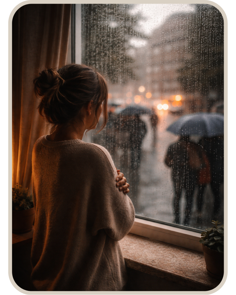 Junge Frau blickt nachdenklich durch ein verregnetes Fenster – ruhiges Sinnbild für Rückzug, innere Anspannung und emotionale Überforderung bei Misophonie.