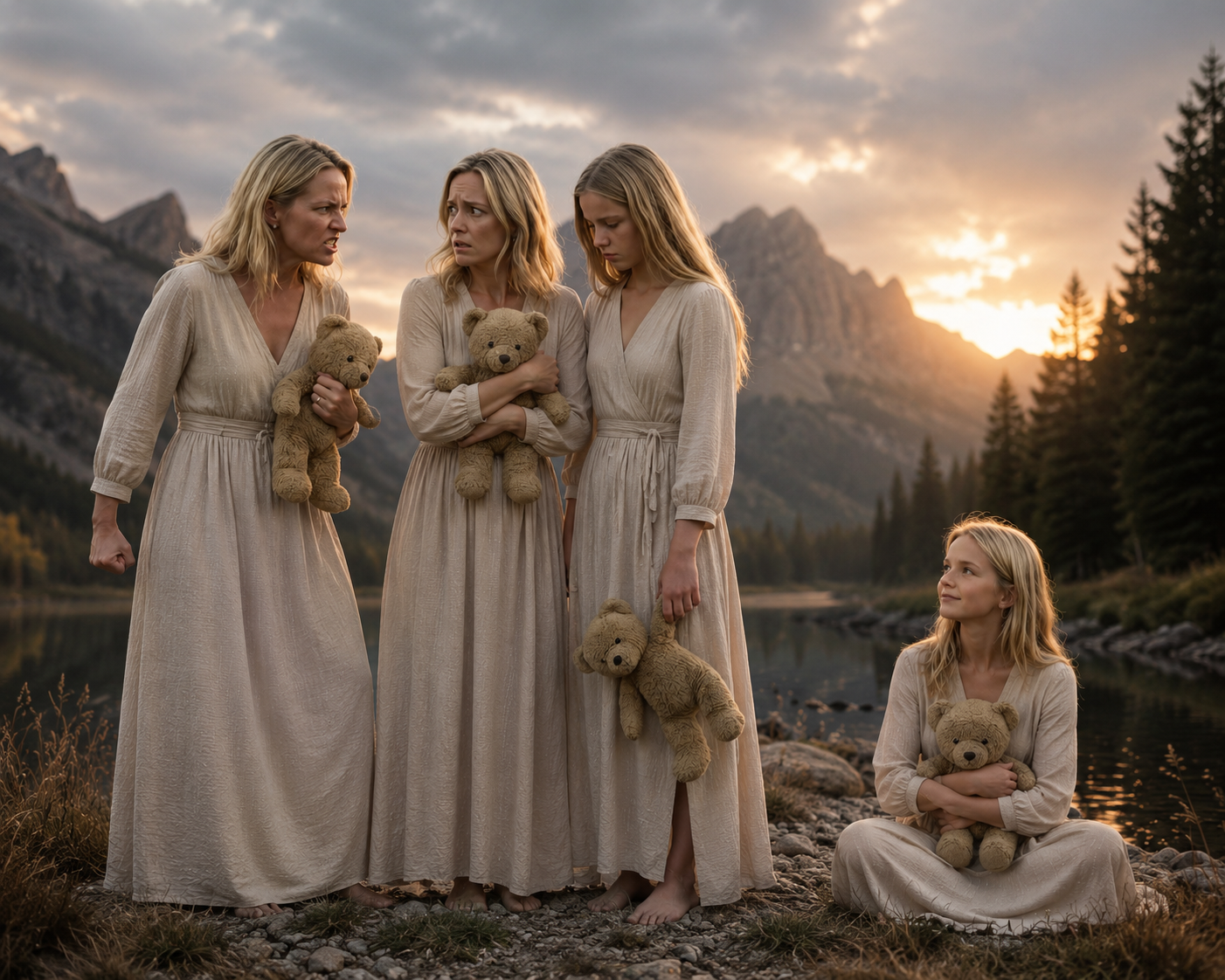 Symbolisches Bild über innere Anteile eines Menschen – Wut, Angst, Traurigkeit und inneres Kind in emotionaler Landschaft bei Selbstreflexion, emotionaler Heilung und innerer Entwicklung.